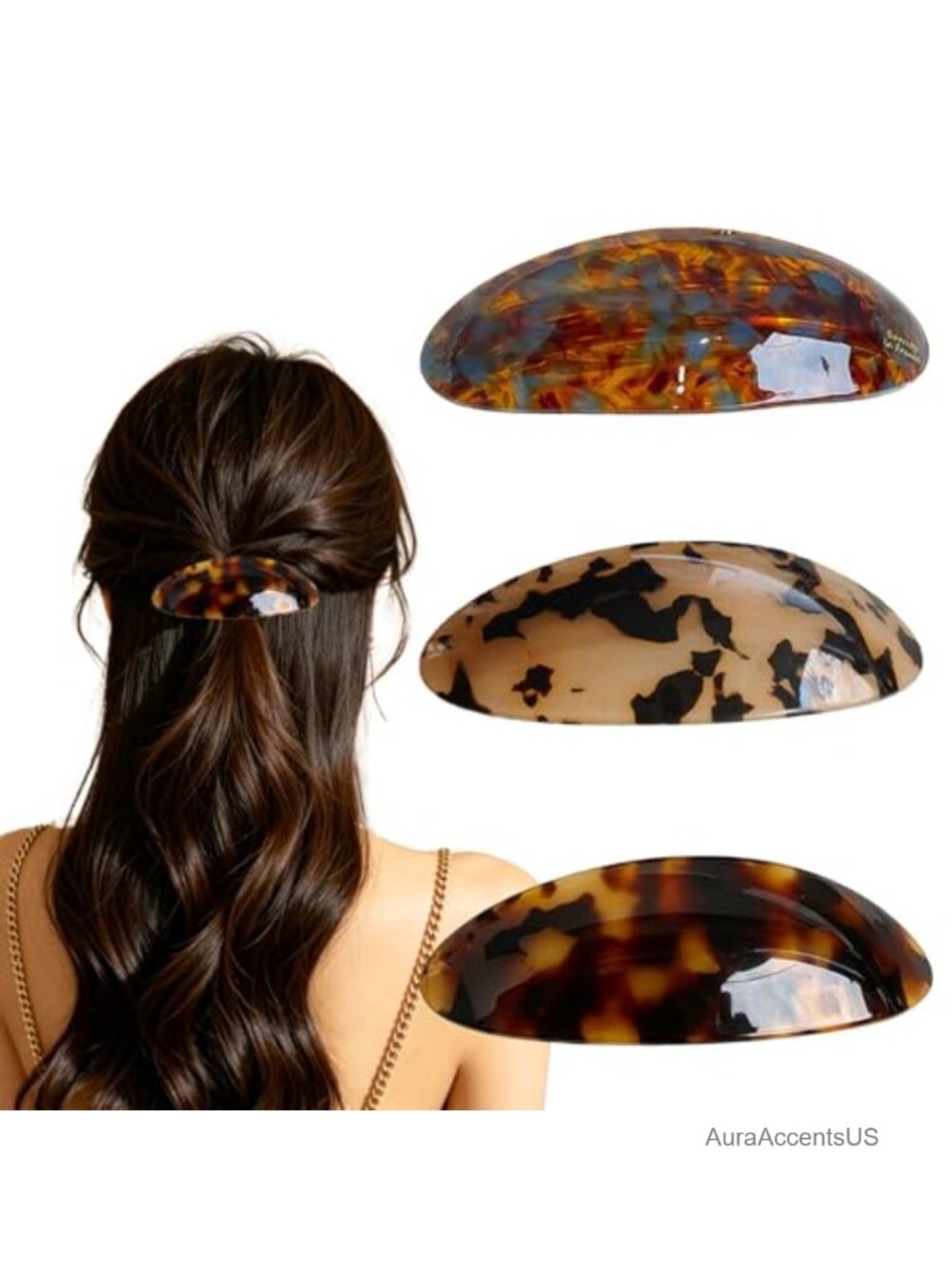Vintage French Shell Hair Barrettes for Women, Acetate, 3 Pack, Large, Thick